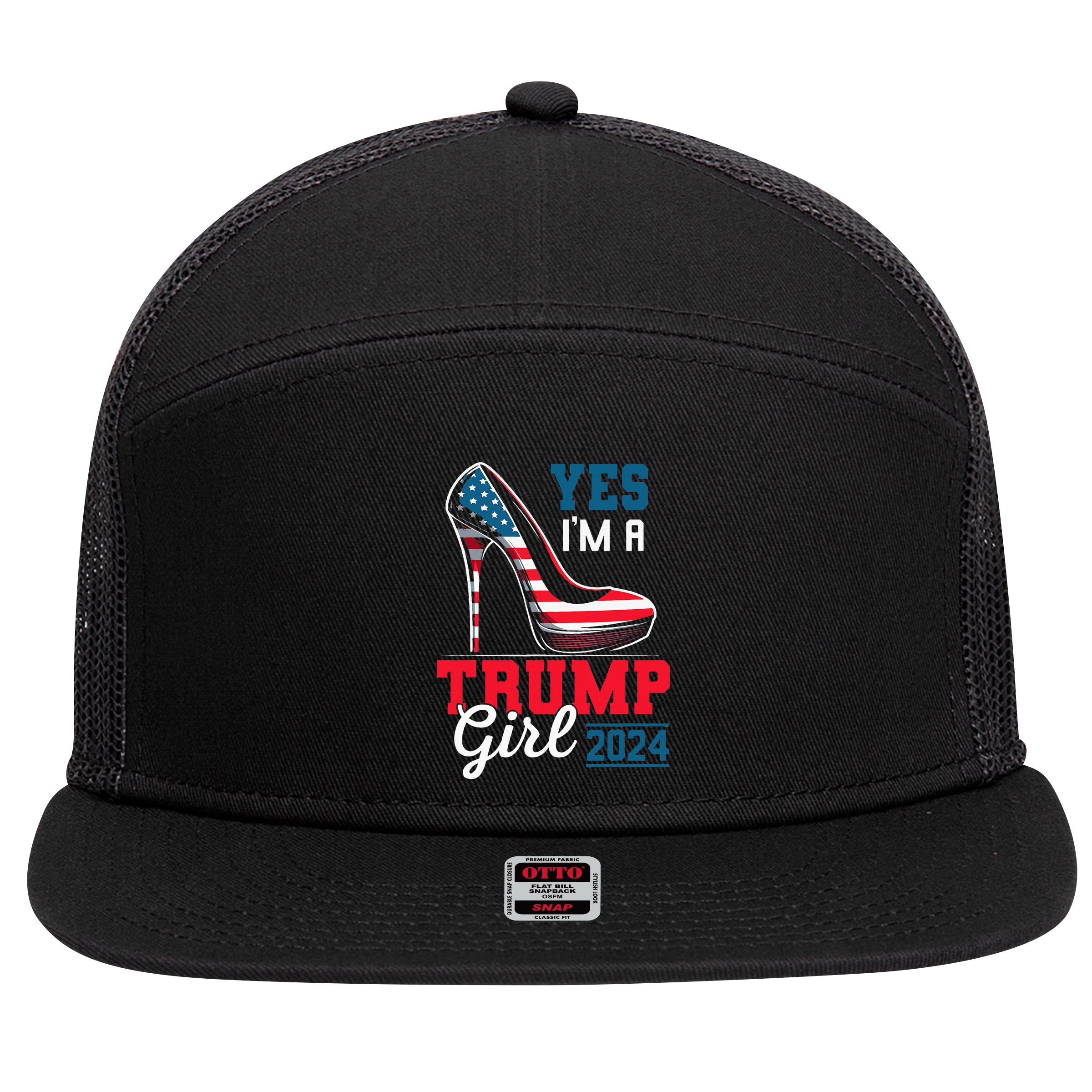 Yes IM A Trump Girl Stilettos High Heel Flag Election 2024 7 Panel Mesh Trucker Snapback Hat