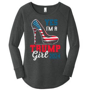 Yes IM A Trump Girl Stilettos High Heel Flag Election 2024 Women's Perfect Tri Tunic Long Sleeve Shirt