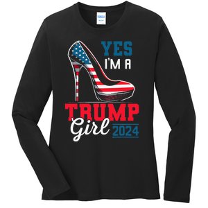 Yes IM A Trump Girl Stilettos High Heel Flag Election 2024 Ladies Long Sleeve Shirt