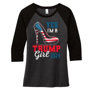 Yes IM A Trump Girl Stilettos High Heel Flag Election 2024 Women's Tri-Blend 3/4-Sleeve Raglan Shirt