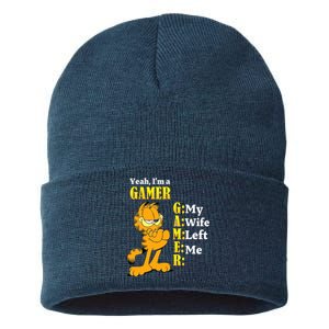 Yeah I'm A Gamer My Wife Left Me Gaming Funny Cat Sustainable Knit Beanie