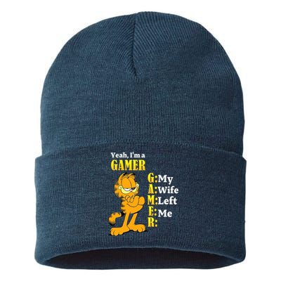 Yeah I'm A Gamer My Wife Left Me Gaming Funny Cat Sustainable Knit Beanie