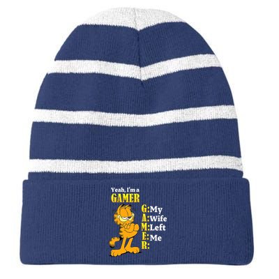 Yeah I'm A Gamer My Wife Left Me Gaming Funny Cat Striped Beanie with Solid Band