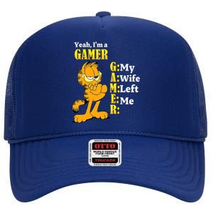 Yeah I'm A Gamer My Wife Left Me Gaming Funny Cat High Crown Mesh Back Trucker Hat