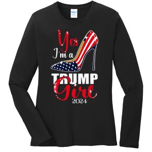 Yes IM A Trump Girl Stilettos High Heel Us Flag Trump 2024 Ladies Long Sleeve Shirt