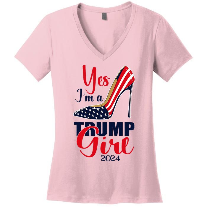 Yes IM A Trump Girl Stilettos High Heel Us Flag Trump 2024 Women's V-Neck T-Shirt