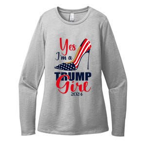 Yes IM A Trump Girl Stilettos High Heel Us Flag Trump 2024 Womens CVC Long Sleeve Shirt