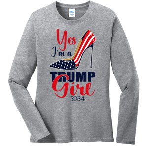 Yes IM A Trump Girl Stilettos High Heel Us Flag Trump 2024 Ladies Long Sleeve Shirt