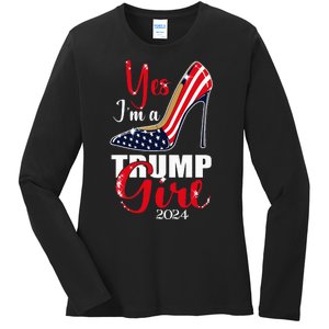 Yes IM A Trump Girl Stilettos High Heel Us Flag Trump 2024 Ladies Long Sleeve Shirt