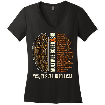Yes It's All In My Head Multiple Sclerosis Ribbon Brain Women's V-Neck T-Shirt
