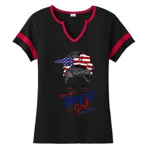 Yes IM A Trump Girl Deal With It Messy Bun Funny Trump 2024 Ladies Halftime Notch Neck Tee