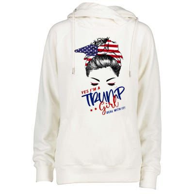 Yes IM A Trump Girl Deal With It Messy Bun Funny Trump 2024 Womens Funnel Neck Pullover Hood