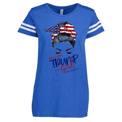 Yes IM A Trump Girl Deal With It Messy Bun Funny Trump 2024 Enza Ladies Jersey Football T-Shirt