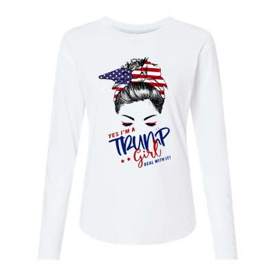 Yes IM A Trump Girl Deal With It Messy Bun Funny Trump 2024 Womens Cotton Relaxed Long Sleeve T-Shirt