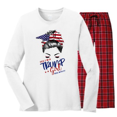 Yes IM A Trump Girl Deal With It Messy Bun Funny Trump 2024 Women's Long Sleeve Flannel Pajama Set 