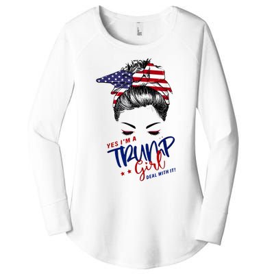 Yes IM A Trump Girl Deal With It Messy Bun Funny Trump 2024 Women's Perfect Tri Tunic Long Sleeve Shirt