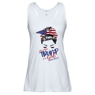 Yes IM A Trump Girl Deal With It Messy Bun Funny Trump 2024 Ladies Essential Flowy Tank