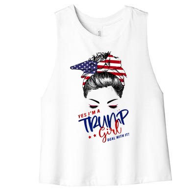 Yes IM A Trump Girl Deal With It Messy Bun Funny Trump 2024 Women's Racerback Cropped Tank