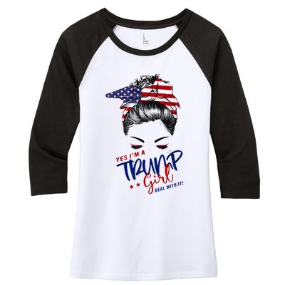 Yes IM A Trump Girl Deal With It Messy Bun Funny Trump 2024 Women's Tri-Blend 3/4-Sleeve Raglan Shirt