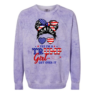 Yes IM A Trump Girl Get Over It Messy Bun Hair Trump 2024 Colorblast Crewneck Sweatshirt