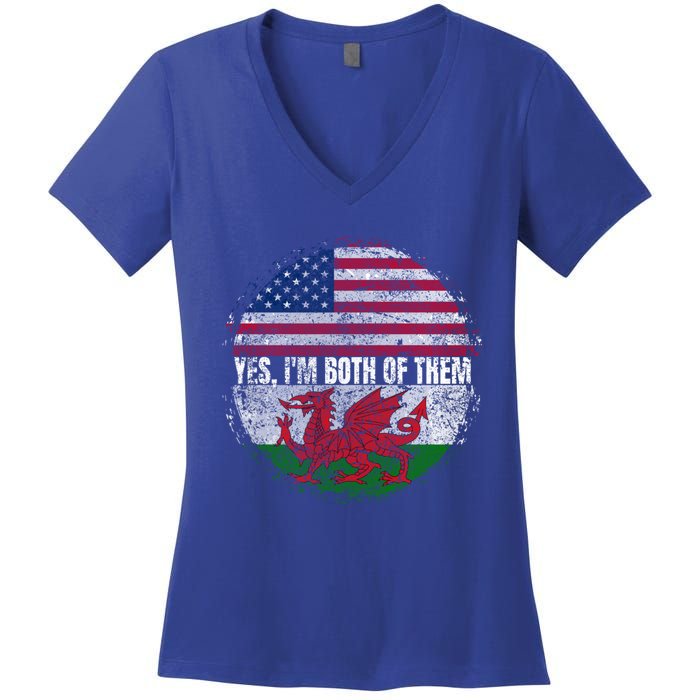 Yes IM Both Of Them Usa And Wales Flag Vintage Welsh Gift Women's V-Neck T-Shirt