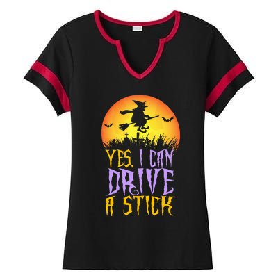 Yes I Can Drive A Stick Witch Funny Halloween Ladies Halftime Notch Neck Tee