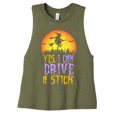 Yes I Can Drive A Stick Witch Funny Halloween Women's Racerback Cropped Tank