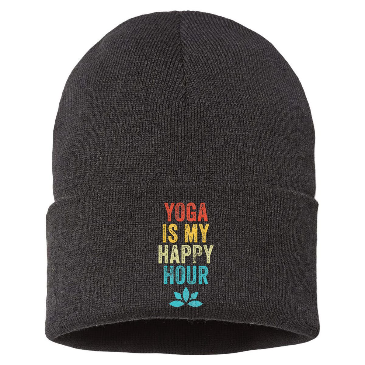 Yoga Is My Happy Hour Meme Vintage Funny Yoga Saying Sustainable Knit Beanie