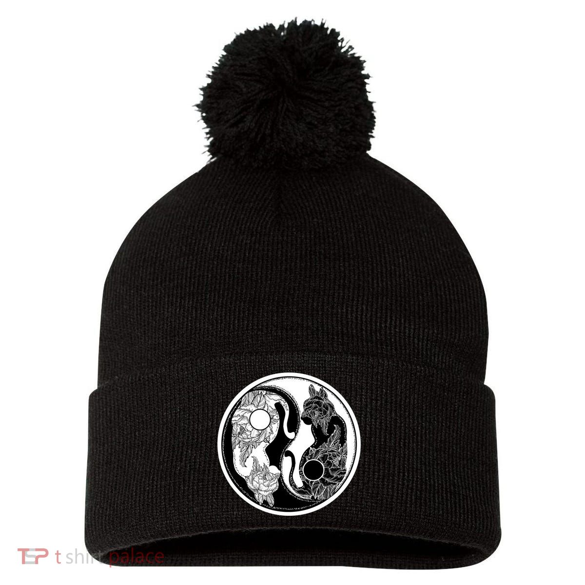Yin-Yang Cats Pom Pom 12in Knit Beanie