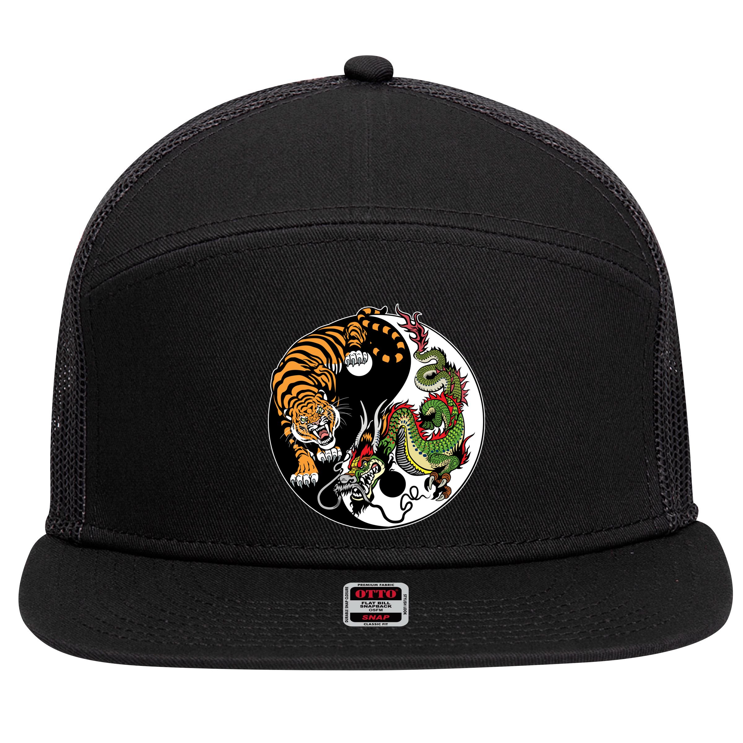 Ying Yang Tiger Dragon 7 Panel Mesh Trucker Snapback Hat