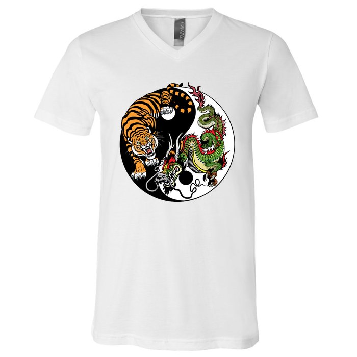 Ying Yang Tiger Dragon V-Neck T-Shirt