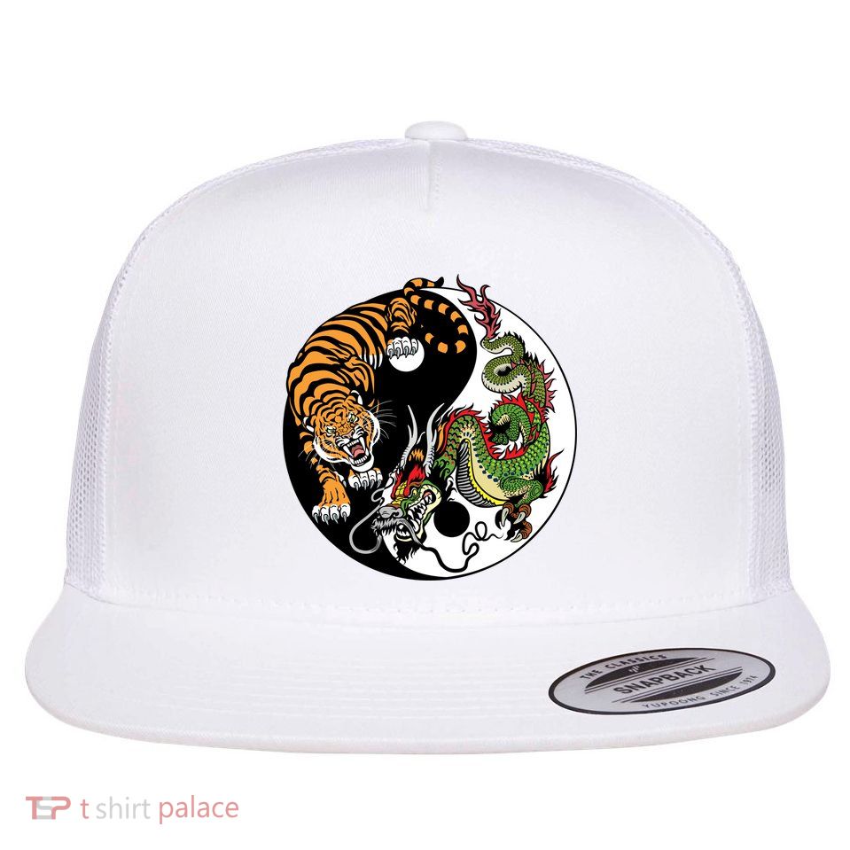 Ying Yang Tiger Dragon Flat Bill Trucker Hat