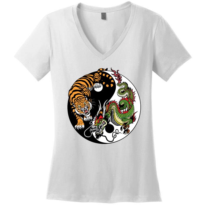 Ying Yang Tiger Dragon Women's V-Neck T-Shirt