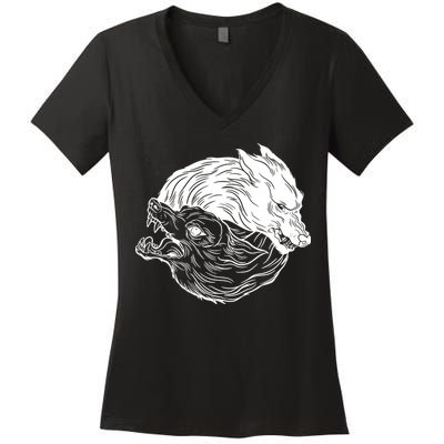 Ying Yang Wolves Women's V-Neck T-Shirt
