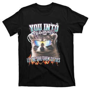 YouRe Into Pronouns Let Me Shethem Tiddies Funny Raccoon T-Shirt