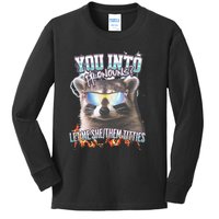 YouRe Into Pronouns Let Me Shethem Tiddies Funny Raccoon Kids Long Sleeve Shirt