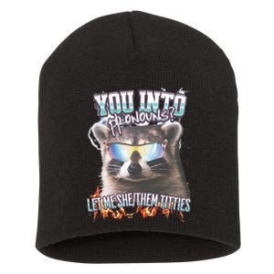 YouRe Into Pronouns Let Me Shethem Tiddies Funny Raccoon Short Acrylic Beanie