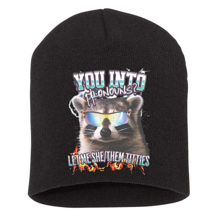 YouRe Into Pronouns Let Me Shethem Tiddies Funny Raccoon Short Acrylic Beanie