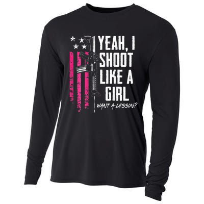 Yeah I Shoot Like A Girl Want A Lesson Usa Ladies Gun Cooling Performance Long Sleeve Crew