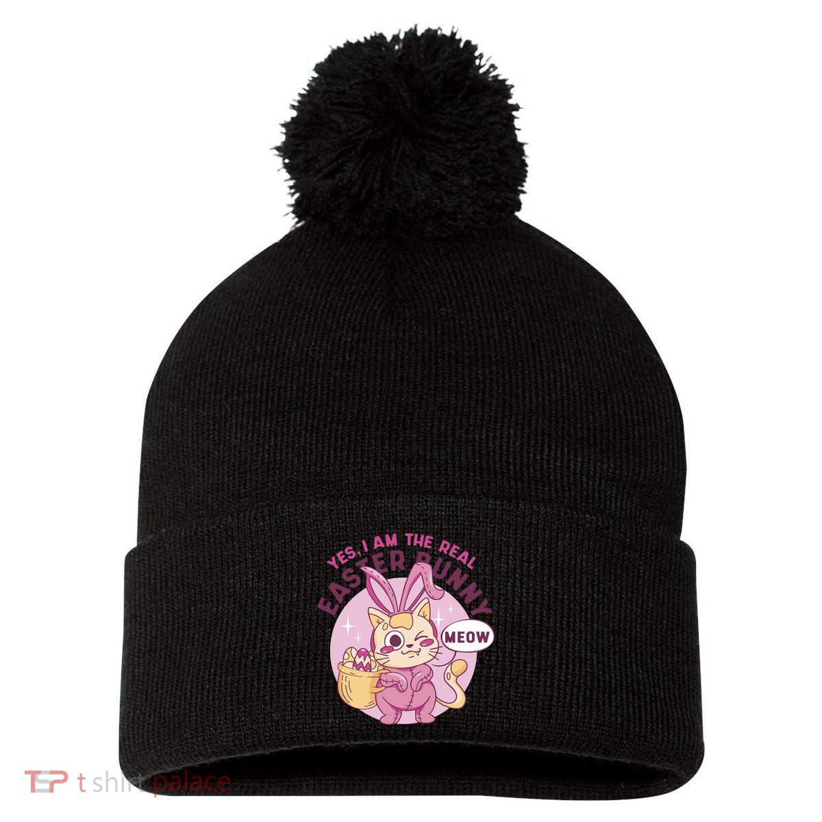 Yes I'm The Real Easter Bunny Funny Cat Pom Pom 12in Knit Beanie