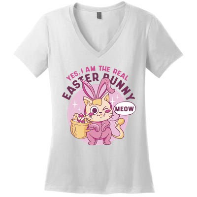 Yes I'm The Real Easter Bunny Funny Cat Women's V-Neck T-Shirt