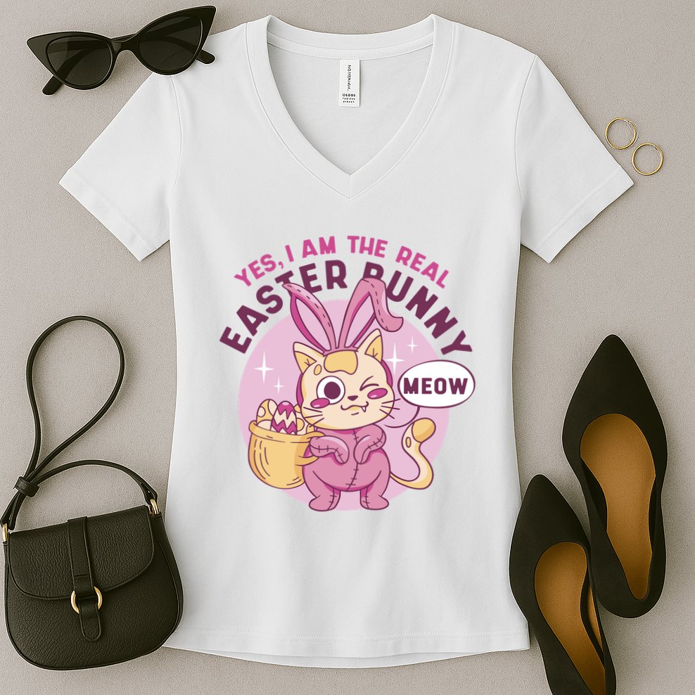 Yes I'm The Real Easter Bunny Funny Cat Women's V-Neck T-Shirt
