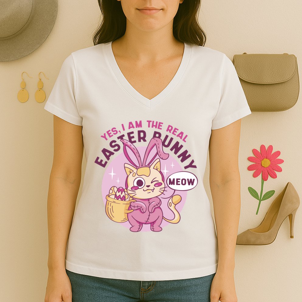 Yes I'm The Real Easter Bunny Funny Cat Women's V-Neck T-Shirt