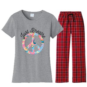 Yoga Instructor Workout Peace Sign Just Breathe Yoga Gift Women's Flannel Pajama Set