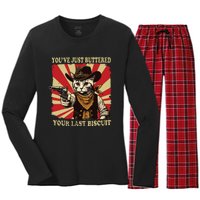 Youve Just Buttered Your Last Biscuit Western Cat Cowboy Women's Long Sleeve Flannel Pajama Set 