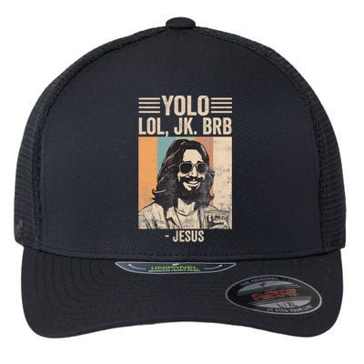 Yolo Jk Brb Christians Funny Religious Meme Cool Jesus With Sunglasses Flexfit Unipanel Trucker Cap