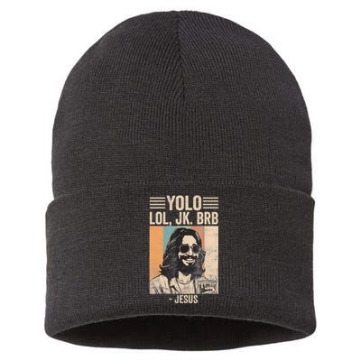 Yolo Jk Brb Christians Funny Religious Meme Cool Jesus With Sunglasses Sustainable Knit Beanie