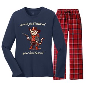 Youve Just Buttered Your Last Biscuit Western Cat Cowboy Women's Long Sleeve Flannel Pajama Set 