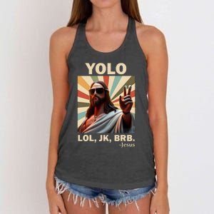 Yolo Jk Brb Jesus Christian Guess Whos Back Women's Knotted Racerback Tank