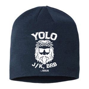 Yolo Just Kissing Be Right Back Jesus Funny Sustainable Beanie